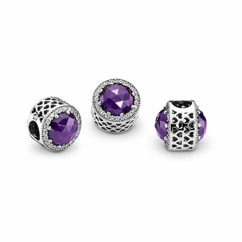 Pandora Radiant Hearts Charm Ireland - Sterling Silver/Purple/Mixed Stones/Cubic Zirconia - 402396SB